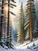 Enchanted Snowy Pine Forest with Sunlight Piercing Through Canopy