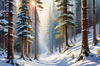 Enchanted Snowy Pine Forest with Sunlight Piercing Through Canopy