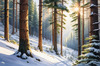 Enchanted Snowy Pine Forest with Sunlight Piercing Through Canopy