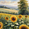 Fields of Sunflowers Facing the Setting Sun with Orange and Yellow Glow