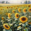 Fields of Sunflowers Facing the Setting Sun with Orange and Yellow Glow