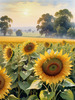 Fields of Sunflowers Facing the Setting Sun with Orange and Yellow Glow