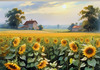 Fields of Sunflowers Facing the Setting Sun with Orange and Yellow Glow