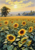 Fields of Sunflowers Facing the Setting Sun with Orange and Yellow Glow