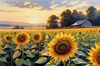 Fields of Sunflowers Facing the Setting Sun with Orange and Yellow Glow