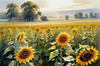 Fields of Sunflowers Facing the Setting Sun with Orange and Yellow Glow