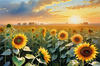 Fields of Sunflowers Facing the Setting Sun with Orange and Yellow Glow