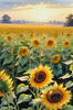 Fields of Sunflowers Facing the Setting Sun with Orange and Yellow Glow