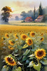 Fields of Sunflowers Facing the Setting Sun with Orange and Yellow Glow