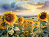 Fields of Sunflowers Facing the Setting Sun with Orange and Yellow Glow