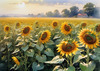 Fields of Sunflowers Facing the Setting Sun with Orange and Yellow Glow