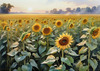 Fields of Sunflowers Facing the Setting Sun with Orange and Yellow Glow