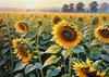 Fields of Sunflowers Facing the Setting Sun with Orange and Yellow Glow