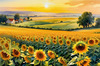 Fields of Sunflowers Facing the Setting Sun with Orange and Yellow Glow