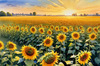 Fields of Sunflowers Facing the Setting Sun with Orange and Yellow Glow