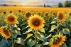 Fields of Sunflowers Facing the Setting Sun with Orange and Yellow Glow