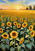 Fields of Sunflowers Facing the Setting Sun with Orange and Yellow Glow