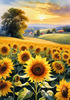 Fields of Sunflowers Facing the Setting Sun with Orange and Yellow Glow