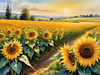 Fields of Sunflowers Facing the Setting Sun with Orange and Yellow Glow