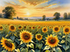 Fields of Sunflowers Facing the Setting Sun with Orange and Yellow Glow