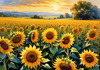 Fields of Sunflowers Facing the Setting Sun with Orange and Yellow Glow