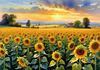 Fields of Sunflowers Facing the Setting Sun with Orange and Yellow Glow