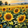 Fields of Sunflowers Facing the Setting Sun with Orange and Yellow Glow