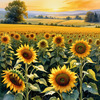 Fields of Sunflowers Facing the Setting Sun with Orange and Yellow Glow