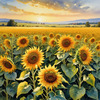 Fields of Sunflowers Facing the Setting Sun with Orange and Yellow Glow