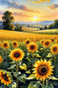 Fields of Sunflowers Facing the Setting Sun with Orange and Yellow Glow
