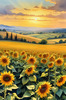Fields of Sunflowers Facing the Setting Sun with Orange and Yellow Glow