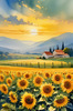 Fields of Sunflowers Facing the Setting Sun with Orange and Yellow Glow