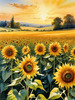 Fields of Sunflowers Facing the Setting Sun with Orange and Yellow Glow