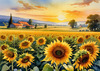 Fields of Sunflowers Facing the Setting Sun with Orange and Yellow Glow