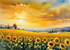 Fields of Sunflowers Facing the Setting Sun with Orange and Yellow Glow