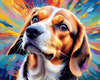 Expressive Beagle with Floppy Ears Against Kaleidoscopic Background Art Print