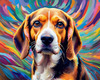 Expressive Beagle with Floppy Ears Against Kaleidoscopic Background Art Print