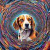 Expressive Beagle with Floppy Ears Against Kaleidoscopic Background Art Print