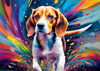 Expressive Beagle with Floppy Ears Against Kaleidoscopic Background Art Print