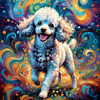 Expressive Poodle Art Print with Swirling Patterns in a Fantasy Landscape