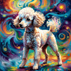 Expressive Poodle Art Print with Swirling Patterns in a Fantasy Landscape