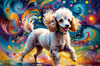 Expressive Poodle Art Print with Swirling Patterns in a Fantasy Landscape