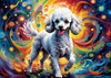 Expressive Poodle Art Print with Swirling Patterns in a Fantasy Landscape