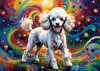 Expressive Poodle Art Print with Swirling Patterns in a Fantasy Landscape