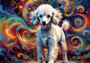 Expressive Poodle Art Print with Swirling Patterns in a Fantasy Landscape