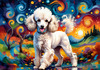 Expressive Poodle Art Print with Swirling Patterns in a Fantasy Landscape