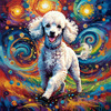 Expressive Poodle Art Print with Swirling Patterns in a Fantasy Landscape