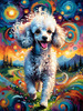 Expressive Poodle Art Print with Swirling Patterns in a Fantasy Landscape