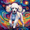 Expressive Poodle Art Print with Swirling Patterns in a Fantasy Landscape