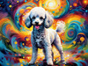 Expressive Poodle Art Print with Swirling Patterns in a Fantasy Landscape